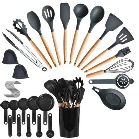 35Pcs Kitchen Cooking Utensils Set Spatula Set Baking Utensil Set Kitchen Accessories Necessities With Holder Egg Whisk Separator Tong Turner Spoons C (Color: Black)