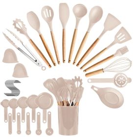 35Pcs Kitchen Cooking Utensils Set Spatula Set Baking Utensil Set Kitchen Accessories Necessities With Holder Egg Whisk Separator Tong Turner Spoons C (Color: Khaki)